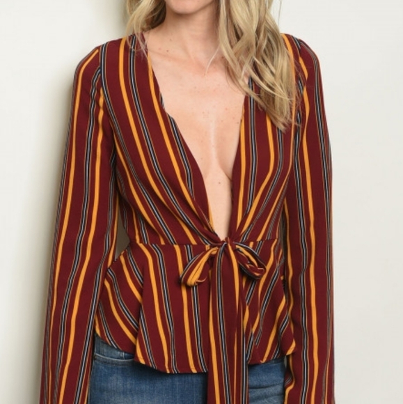 Private Label Tops - Boutique Deep V Tie Front Peplum Blouse Bell Sleeve Striped Top Medium NWT